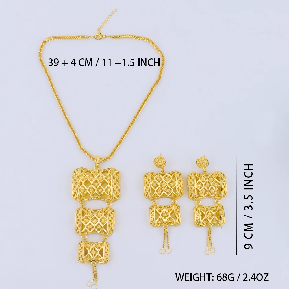 Elegant Exquisite Gold Plated Necklace Earrings 3Pcs Jewelry Set for Women Dubai Fashion Square Design Jewelry for Party Wedding