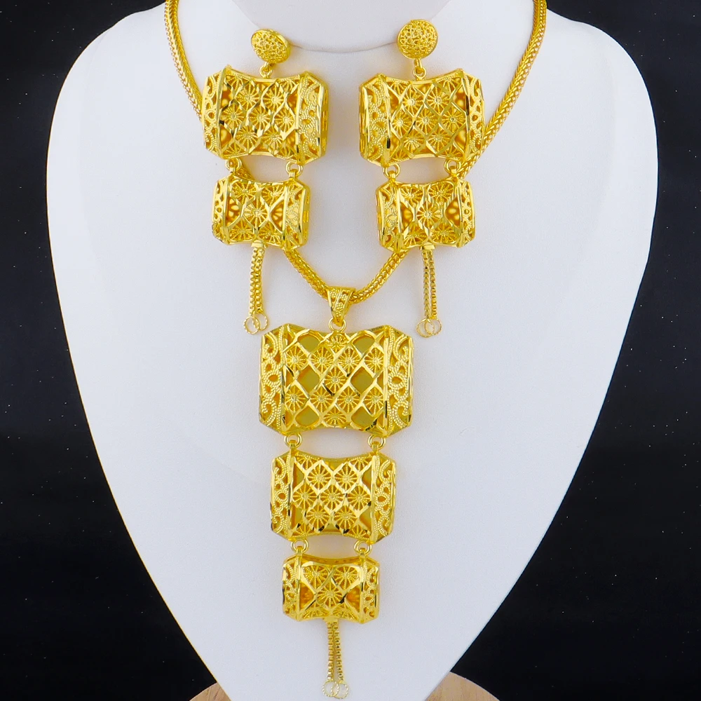Elegant Exquisite Gold Plated Necklace Earrings 3Pcs Jewelry Set for Women Dubai Fashion Square Design Jewelry for Party Wedding