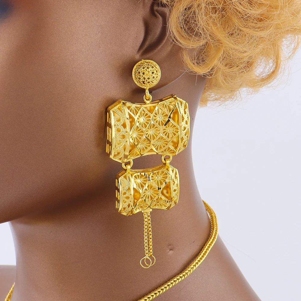 Elegant Exquisite Gold Plated Necklace Earrings 3Pcs Jewelry Set for Women Dubai Fashion Square Design Jewelry for Party Wedding