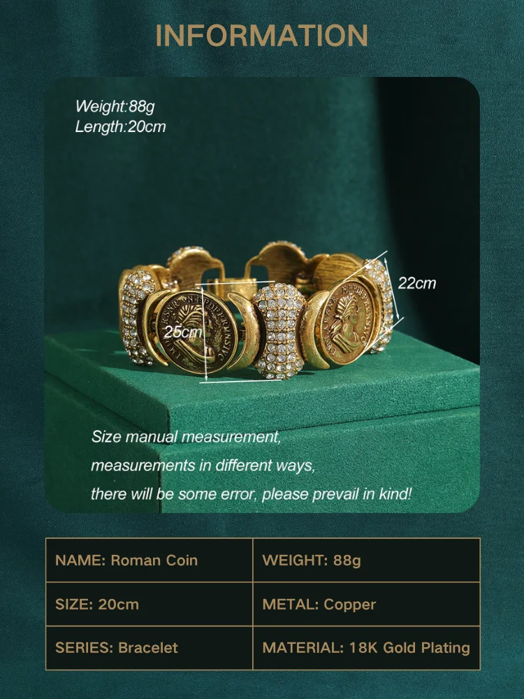 Vintage Copper Portrait Ancient Coins Round Wide Bangle Antique Jewelry Bracelets for Women Couple Wrist Retro Accessories New