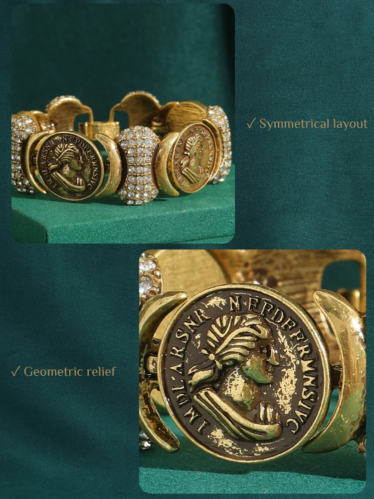 Vintage Copper Portrait Ancient Coins Round Wide Bangle Antique Jewelry Bracelets for Women Couple Wrist Retro Accessories New