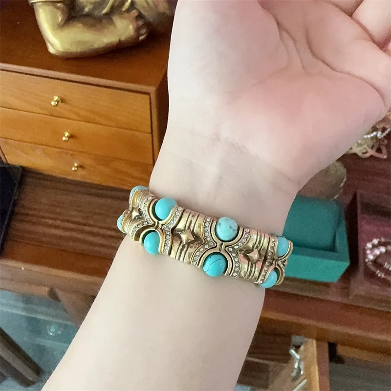 Vintage Blue Natural Stone Inlaid with Rhinestones Bangle Crystal Wide Bracelets Elastic Bamboo Knot Bohemian Handmade Jewelry