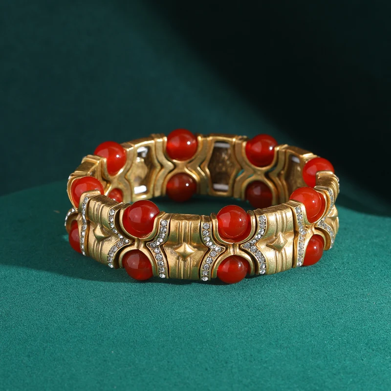 Vintage Blue Natural Stone Inlaid with Rhinestones Bangle Crystal Wide Bracelets Elastic Bamboo Knot Bohemian Handmade Jewelry