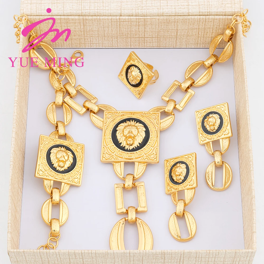 YM Necklace For Women Dubai Gold Plated Lion's Head Jewelry Sets Cuff Bangles Rings Fashion Dangle Earrings for Banquet Party