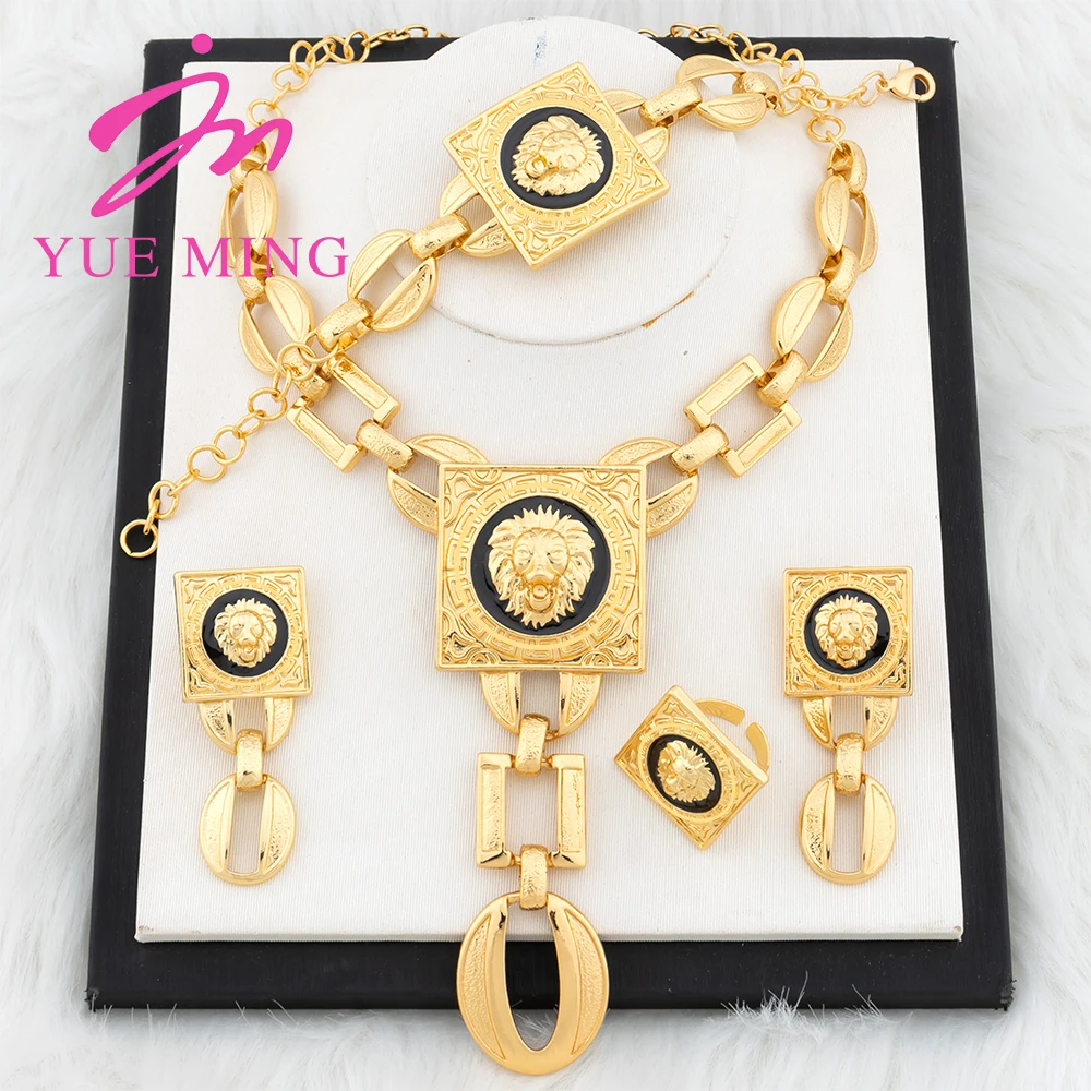 YM Necklace For Women Dubai Gold Plated Lion's Head Jewelry Sets Cuff Bangles Rings Fashion Dangle Earrings for Banquet Party