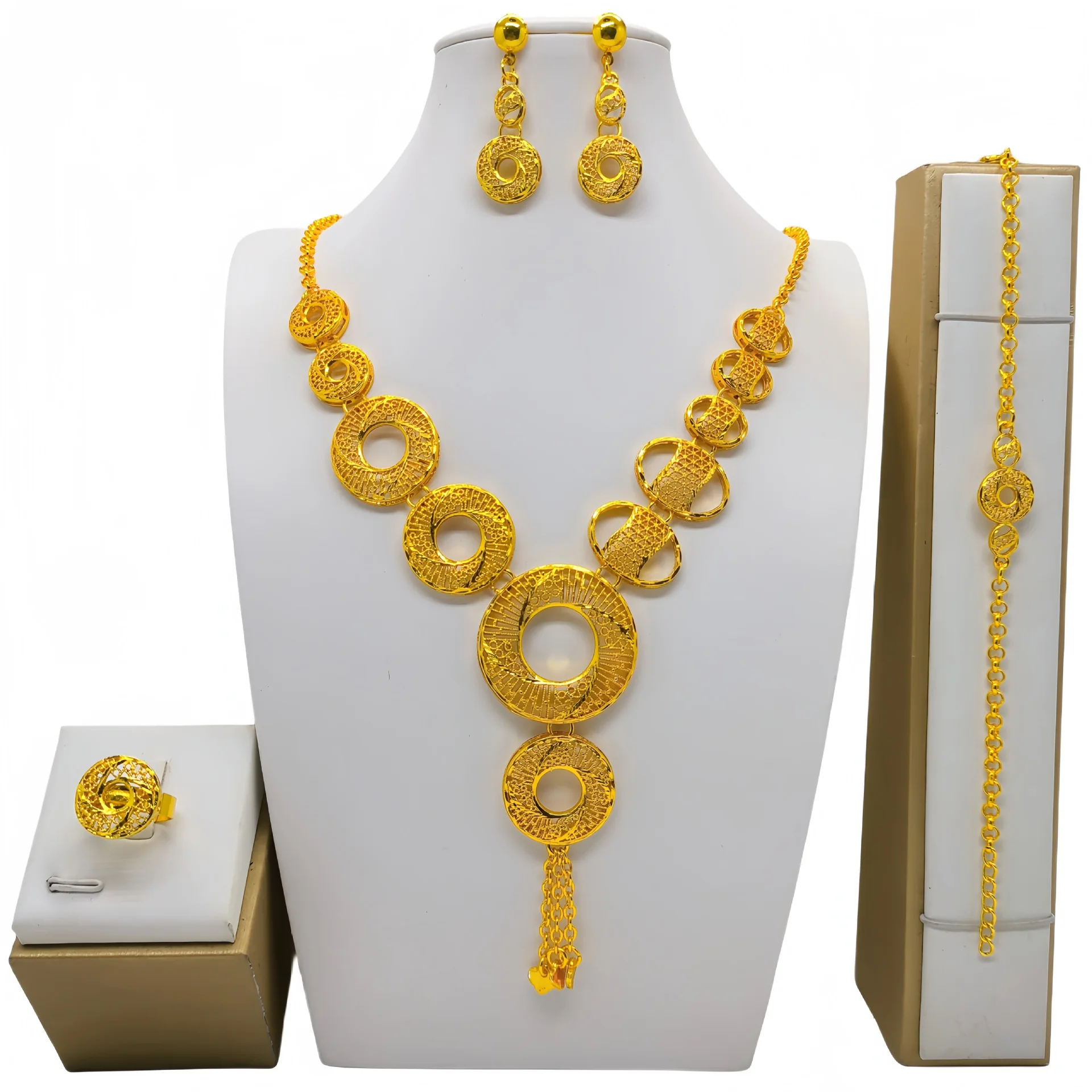 Arabic Women Gold Color Jewelry Sets Featured Round Pendant Earrings Rings Bracelets Suitable for Wedding Banquets Parties
