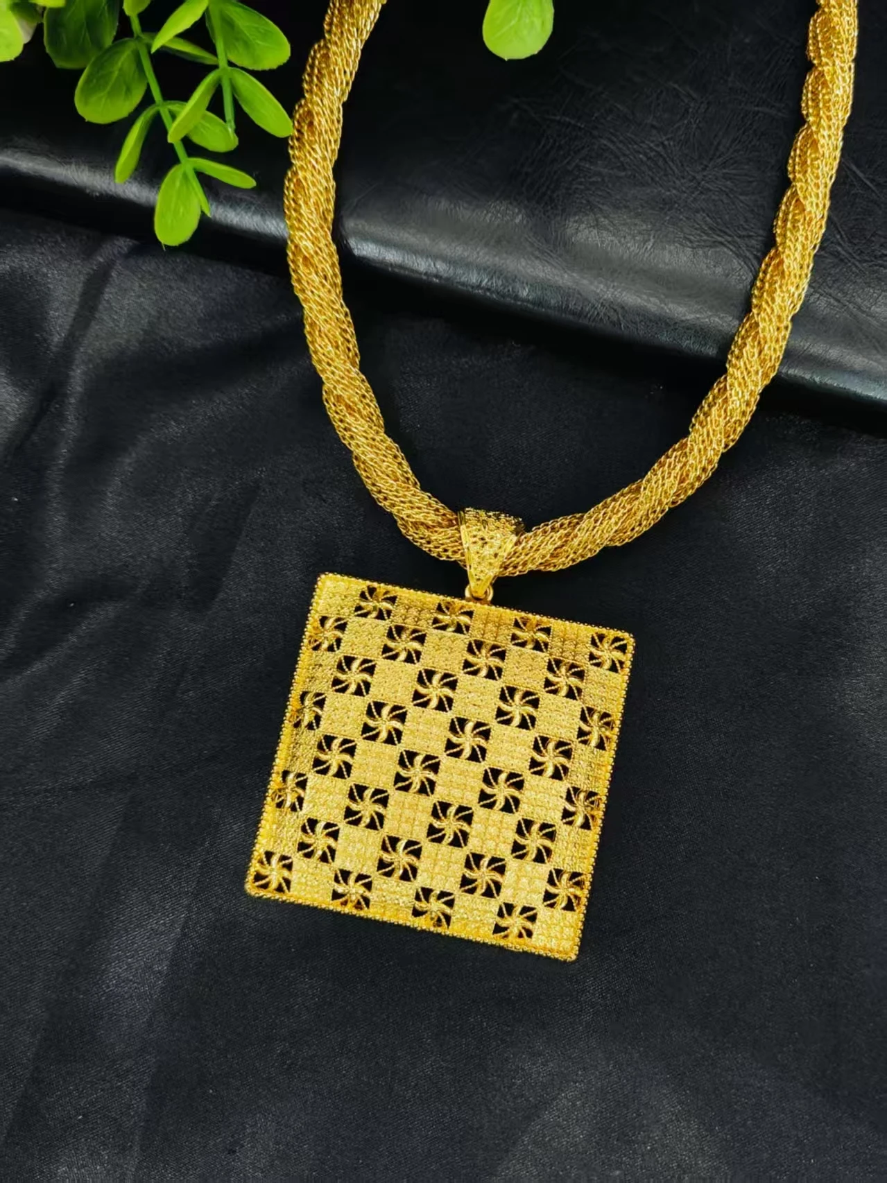 African Fashion 24k Plated Gold  Jewelry Set  Necklace Bracelet Ring Earrings Ethiopian Square Pendant for Women Party Accessory
