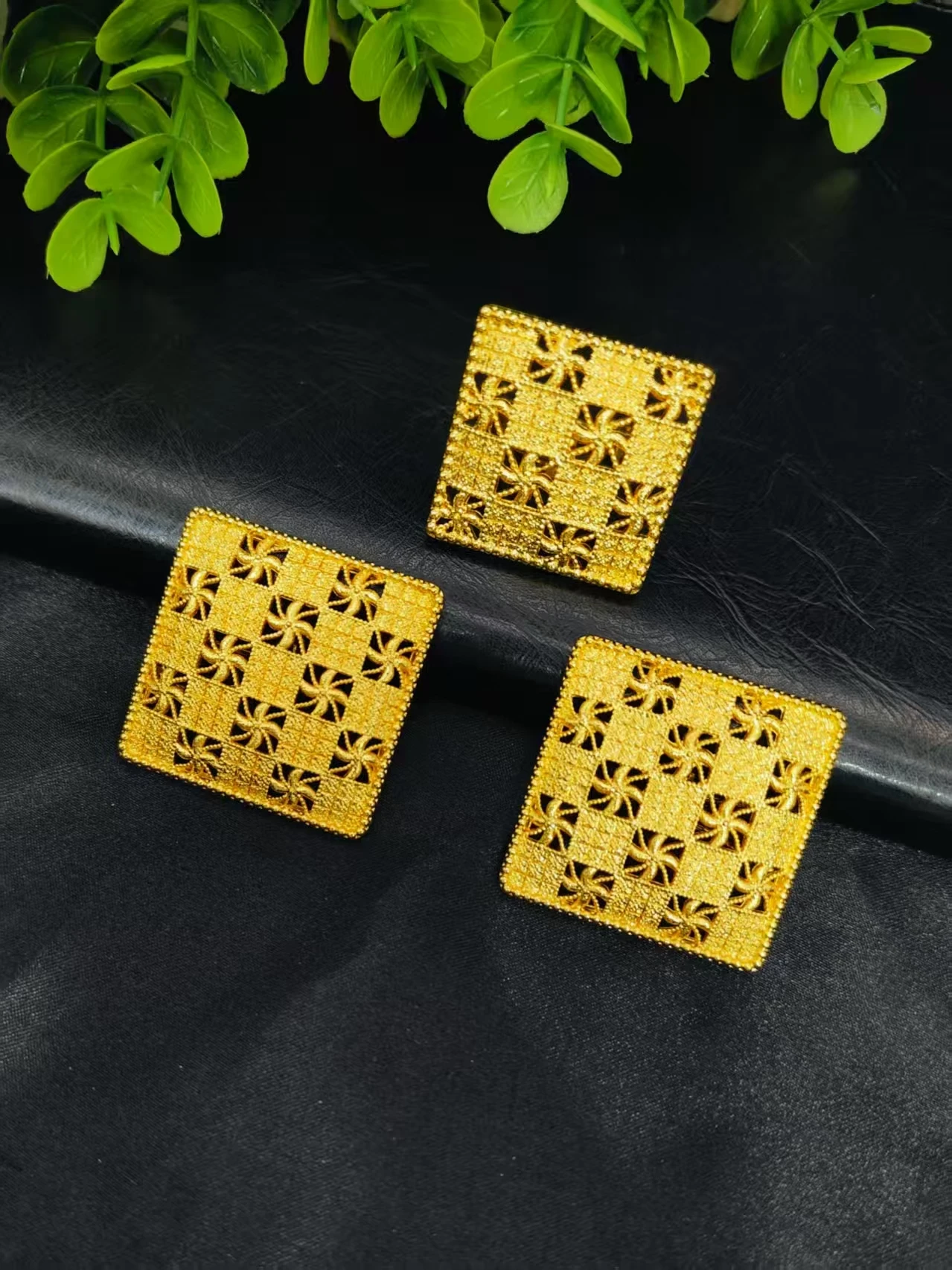 African Fashion 24k Plated Gold  Jewelry Set  Necklace Bracelet Ring Earrings Ethiopian Square Pendant for Women Party Accessory