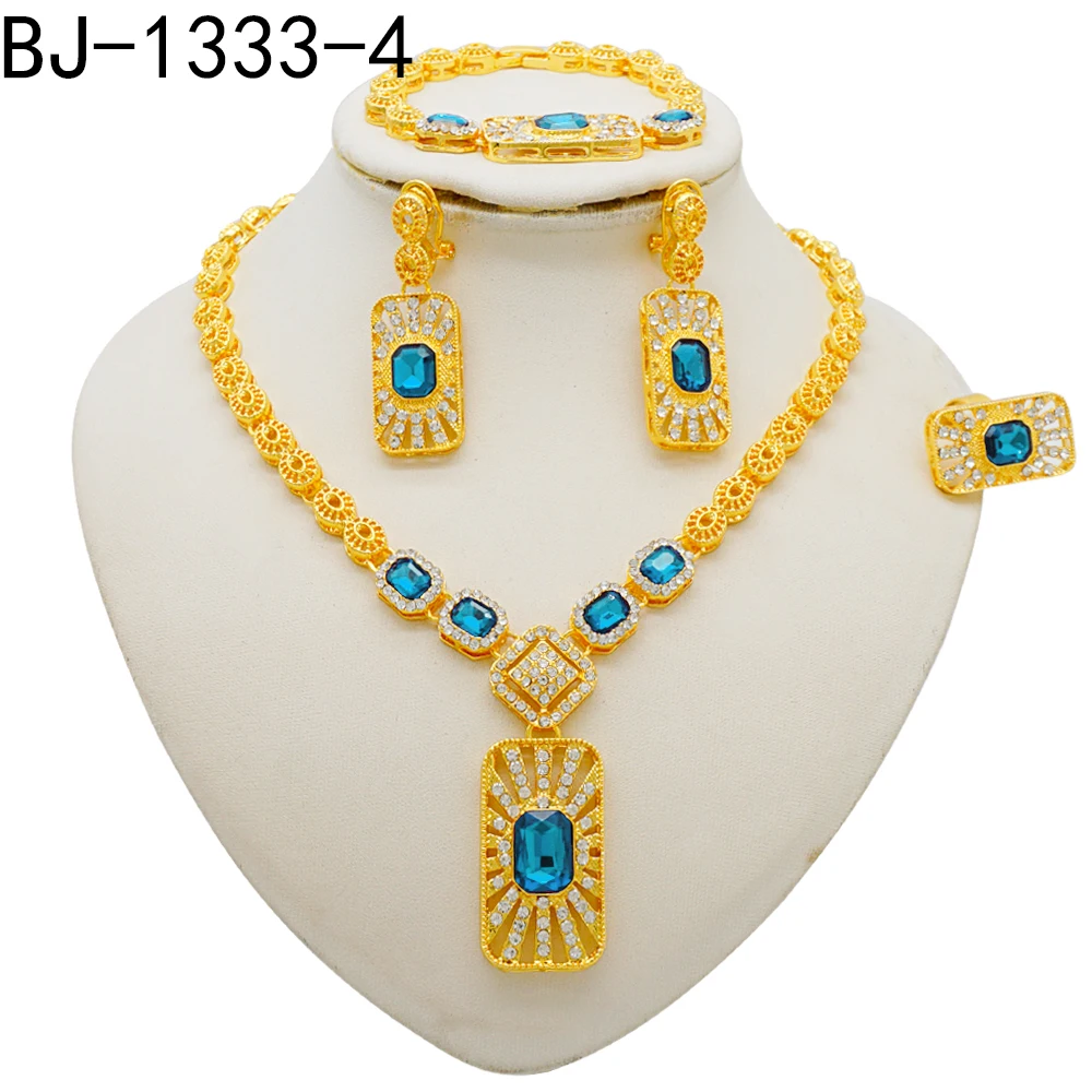 Fashion Ethiopia Dubai Women Gold Color Jewelry Sets Blue Pendant Necklace Earrings Bracelet Ring Sets Party Gifts