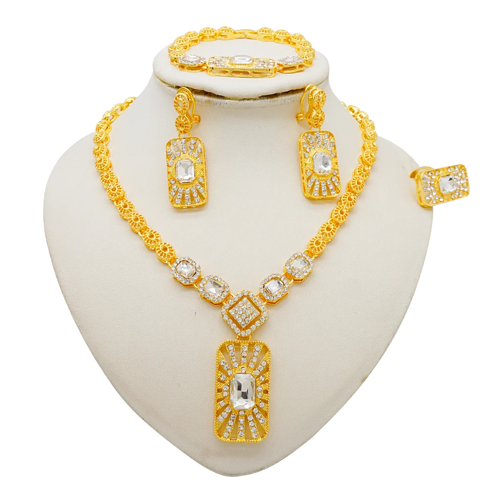 Fashion Ethiopia Dubai Women Gold Color Jewelry Sets Blue Pendant Necklace Earrings Bracelet Ring Sets Party Gifts