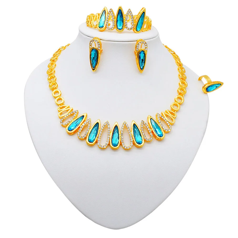 Fashion Ethiopia Dubai Women Gold Color Jewelry Sets Blue Pendant Necklace Earrings Bracelet Ring Sets Party Gifts