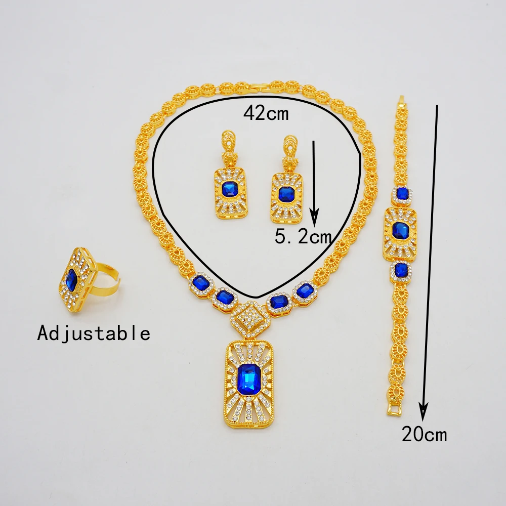 Fashion Ethiopia Dubai Women Gold Color Jewelry Sets Blue Pendant Necklace Earrings Bracelet Ring Sets Party Gifts