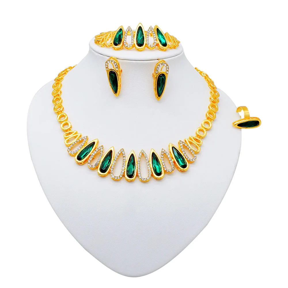 Fashion Ethiopia Dubai Women Gold Color Jewelry Sets Blue Pendant Necklace Earrings Bracelet Ring Sets Party Gifts