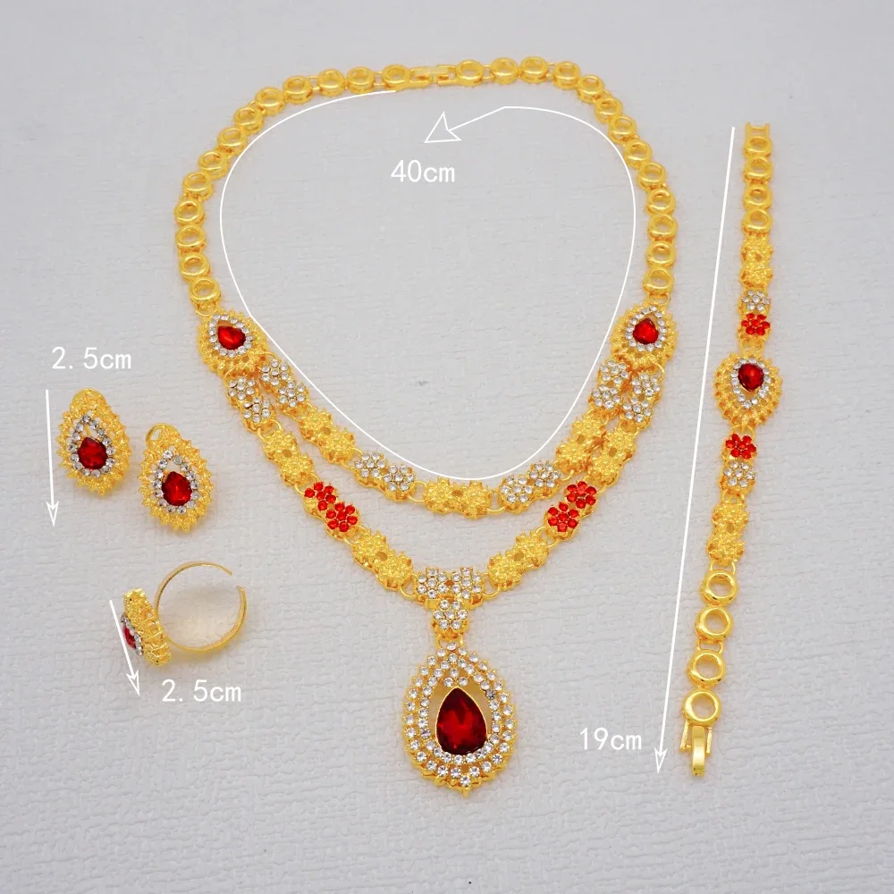 Fashion Ethiopia Dubai Women Gold Color Jewelry Sets Blue Pendant Necklace Earrings Bracelet Ring Sets Party Gifts