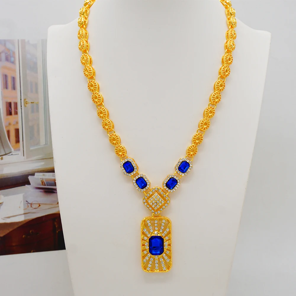 Fashion Ethiopia Dubai Women Gold Color Jewelry Sets Blue Pendant Necklace Earrings Bracelet Ring Sets Party Gifts