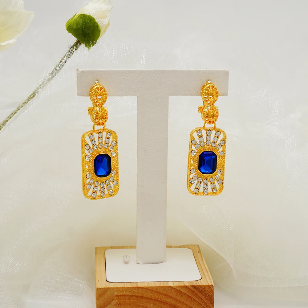 Fashion Ethiopia Dubai Women Gold Color Jewelry Sets Blue Pendant Necklace Earrings Bracelet Ring Sets Party Gifts