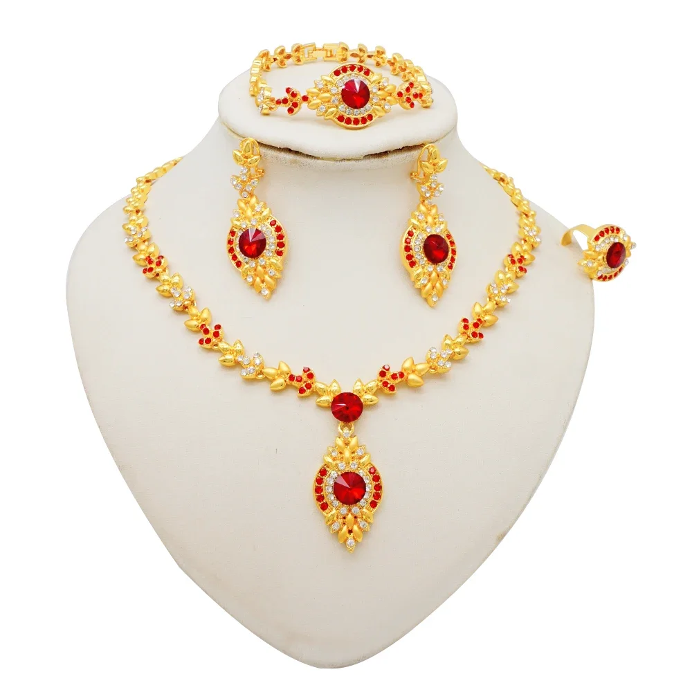 Fashion Ethiopia Dubai Women Gold Color Jewelry Sets Blue Pendant Necklace Earrings Bracelet Ring Sets Party Gifts