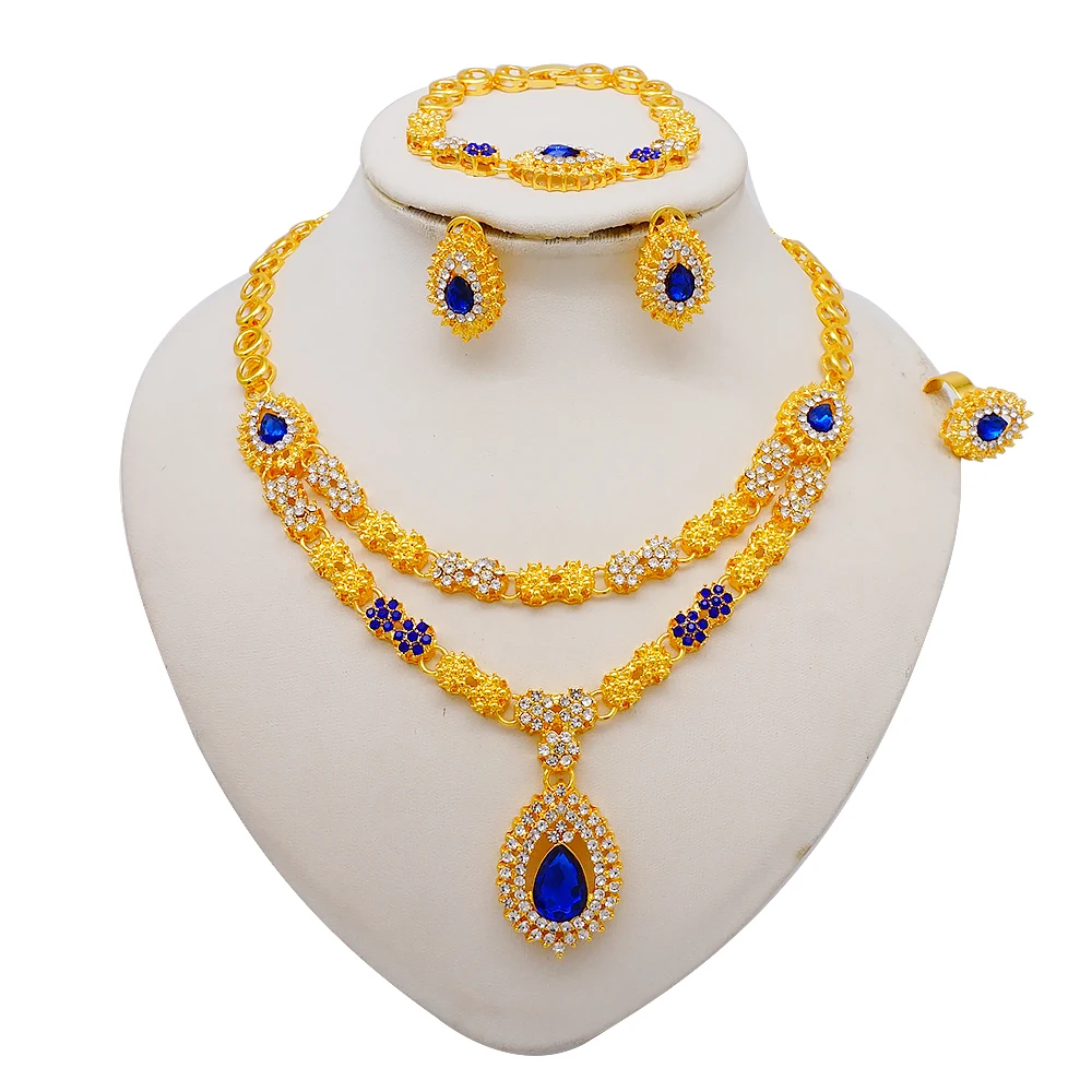 Fashion Ethiopia Dubai Women Gold Color Jewelry Sets Blue Pendant Necklace Earrings Bracelet Ring Sets Party Gifts