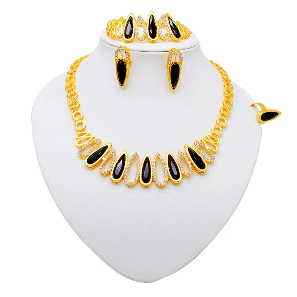Fashion Ethiopia Dubai Women Gold Color Jewelry Sets Blue Pendant Necklace Earrings Bracelet Ring Sets Party Gifts