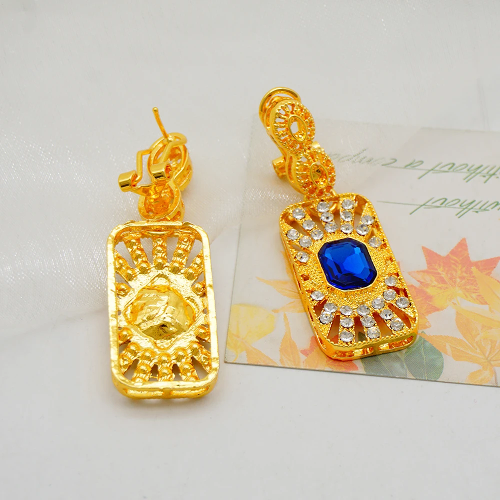 Fashion Ethiopia Dubai Women Gold Color Jewelry Sets Blue Pendant Necklace Earrings Bracelet Ring Sets Party Gifts
