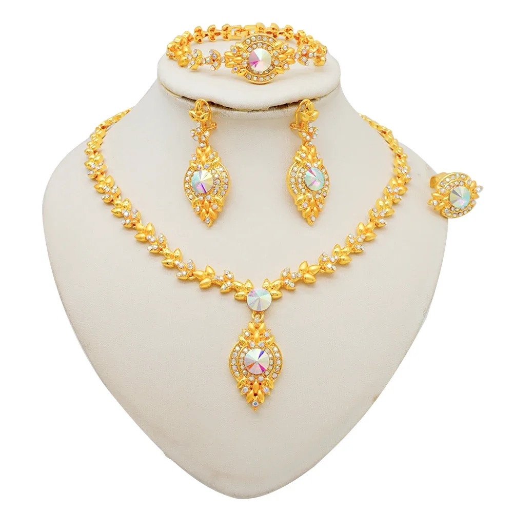 Fashion Ethiopia Dubai Women Gold Color Jewelry Sets Blue Pendant Necklace Earrings Bracelet Ring Sets Party Gifts