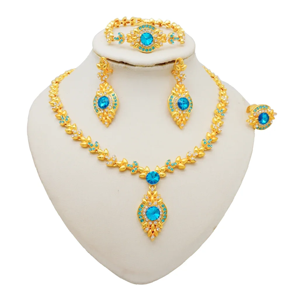 Fashion Ethiopia Dubai Women Gold Color Jewelry Sets Blue Pendant Necklace Earrings Bracelet Ring Sets Party Gifts