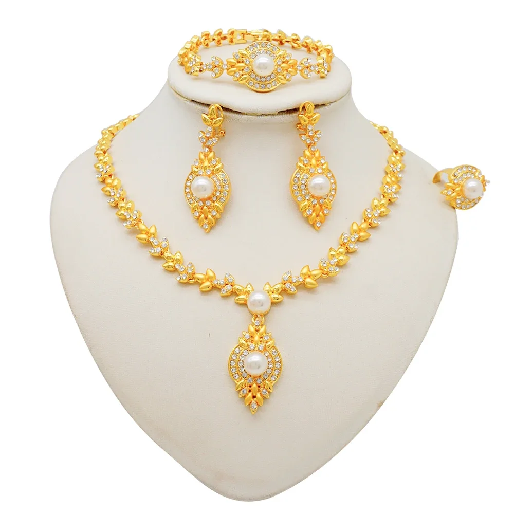 Fashion Ethiopia Dubai Women Gold Color Jewelry Sets Blue Pendant Necklace Earrings Bracelet Ring Sets Party Gifts