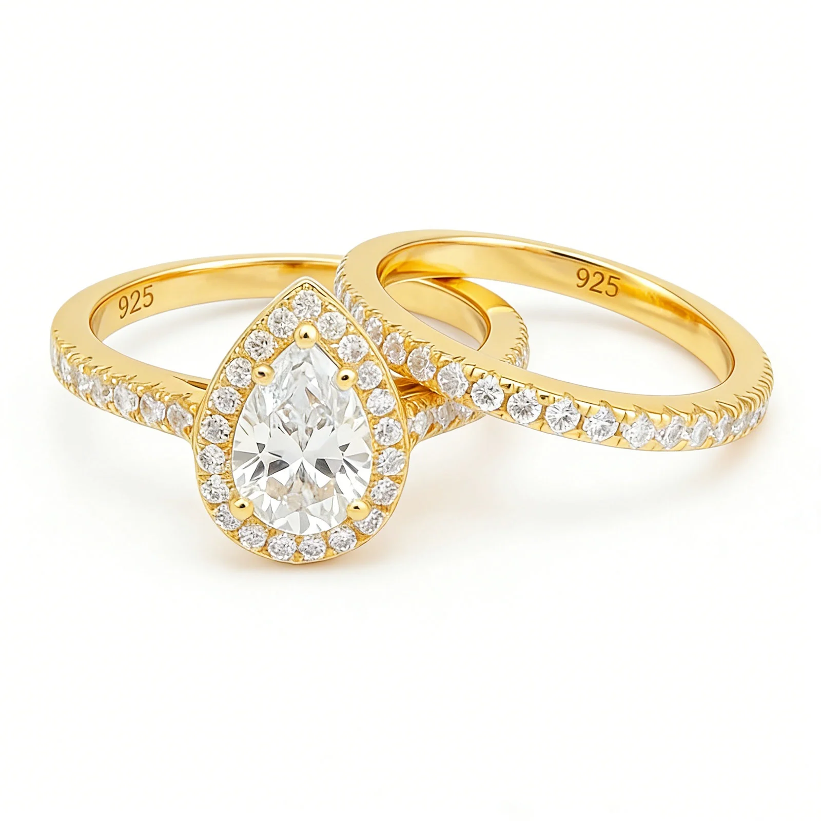 Newshe 2 Pcs Solid 925 Sterling Silver Wedding Rings Set Yellow Gold Plated 3Ct Halo AAAAA CZ Pear Cut Engagement Ring for Women