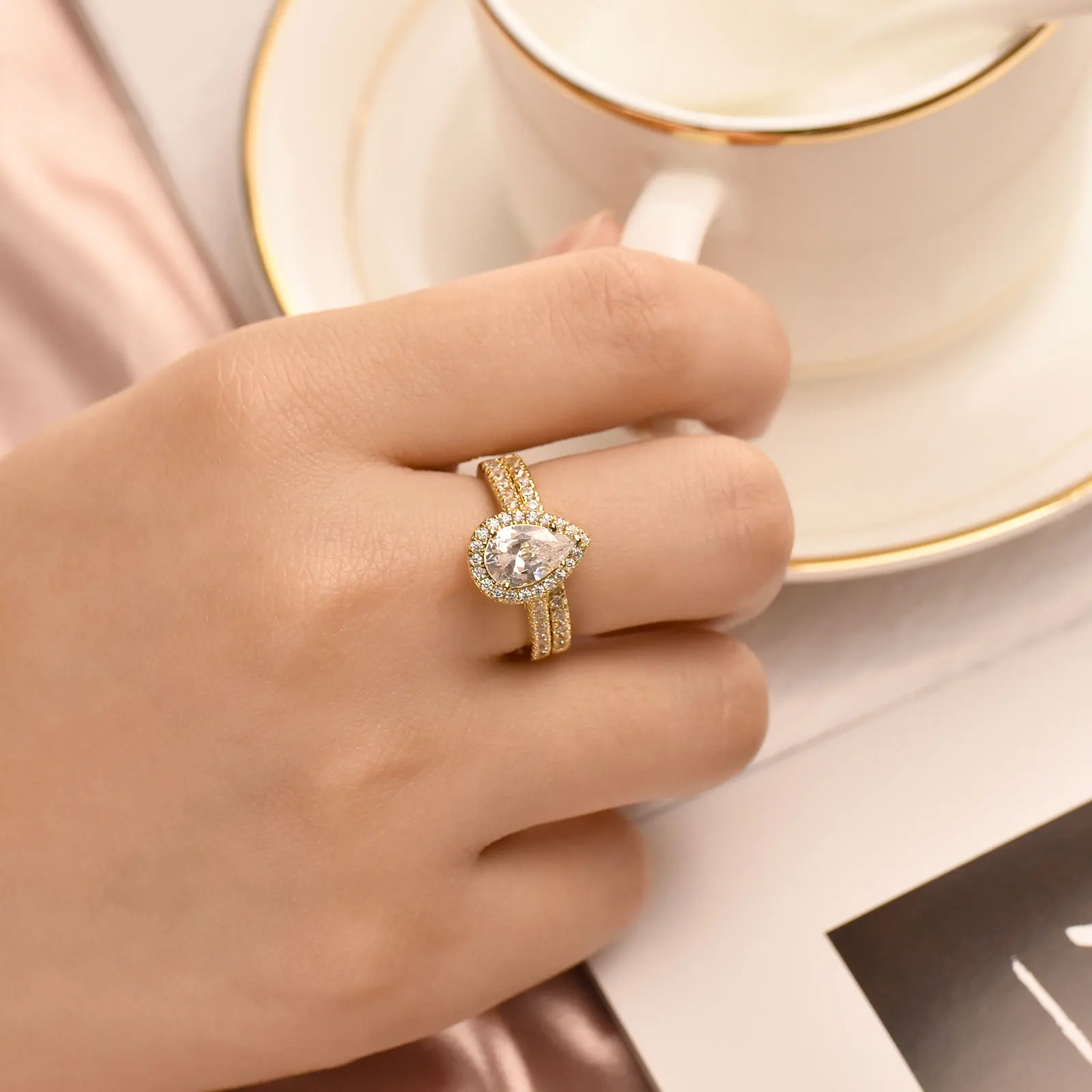 Newshe 2 Pcs Solid 925 Sterling Silver Wedding Rings Set Yellow Gold Plated 3Ct Halo AAAAA CZ Pear Cut Engagement Ring for Women