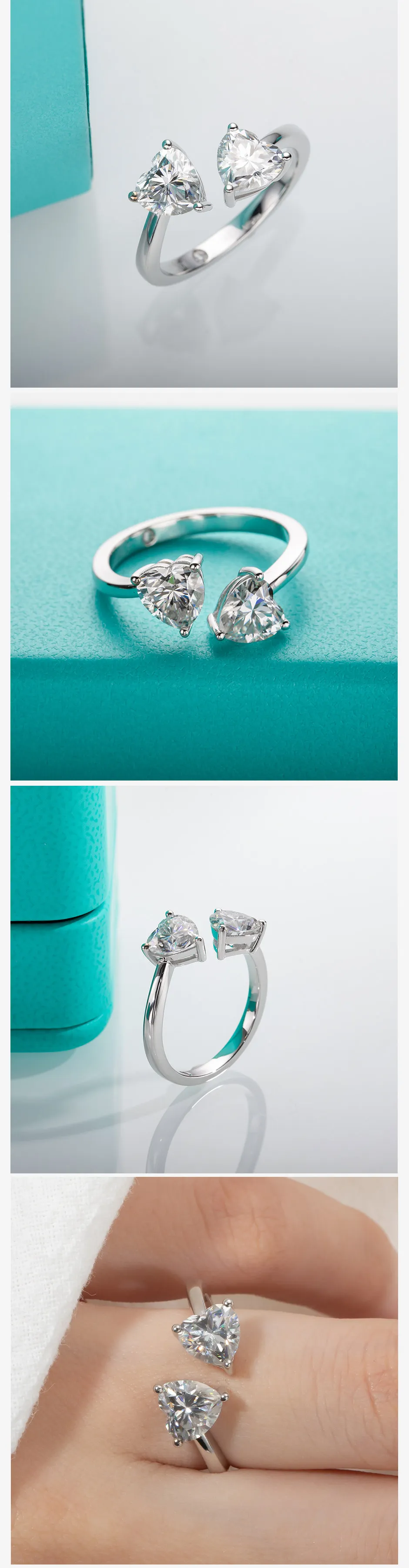 AnuJewel  2 Carat D Color Heart Moissanite Anti-Stress Ring 925 Sterling Silver Two Stone Engagement Wedding Women's Ring