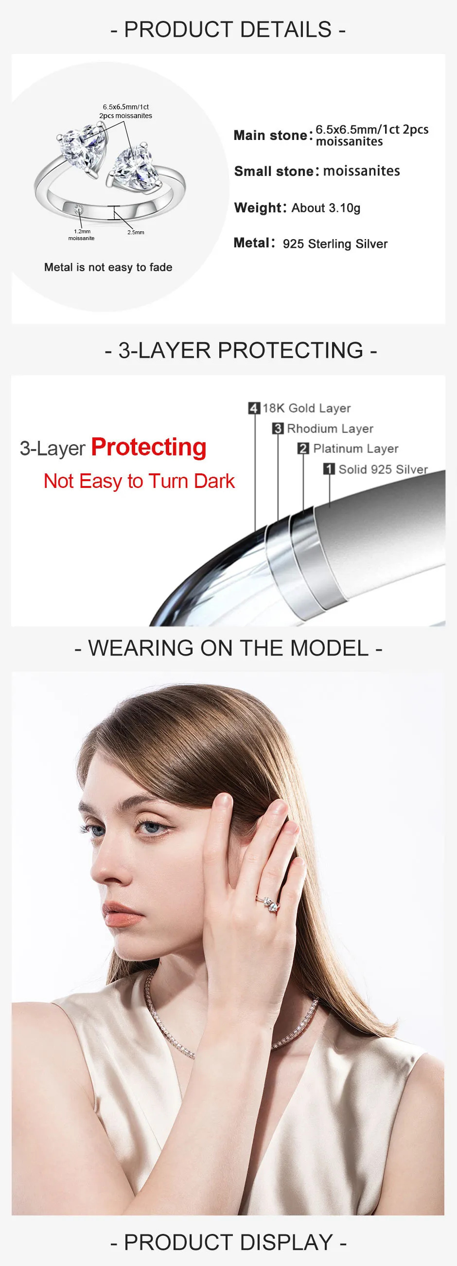 AnuJewel  2 Carat D Color Heart Moissanite Anti-Stress Ring 925 Sterling Silver Two Stone Engagement Wedding Women's Ring