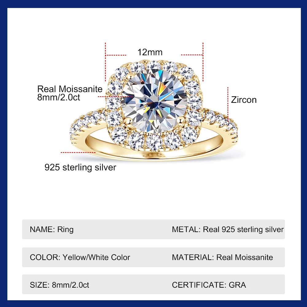 2CT GRA Certified Moissanite Ring for Women 8MM Brilliant Diamond Wedding Finger Rings 925 Sterling Silver Band Plated 18K Gold