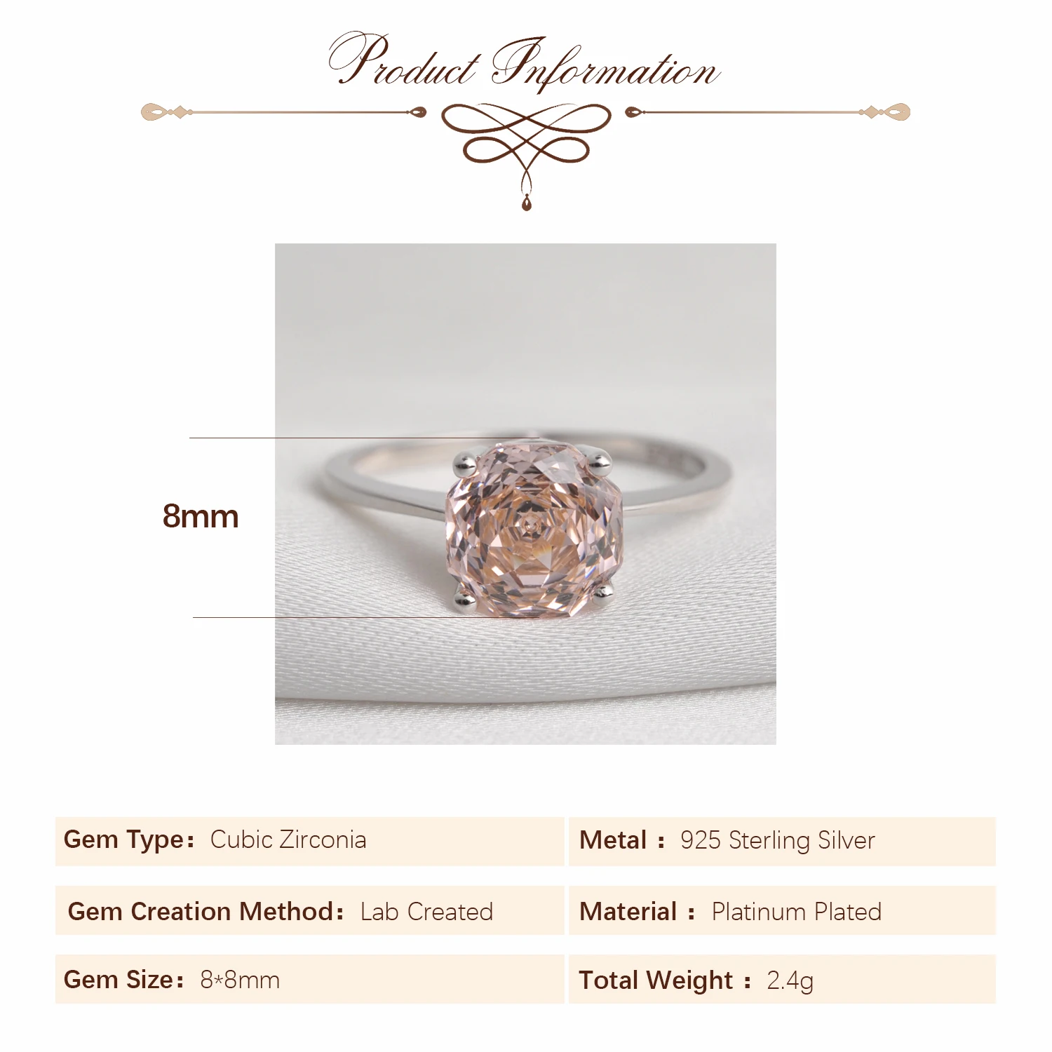Potiy 2ct Octagon Rose Cut Morganite Pink Cubic Zirconia Solitaire Ring, 925 Sterling Silver Jewelry Gift for Women with