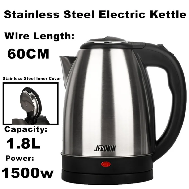 JFBONIN Stainless Steel Electric Kettle 1.8L 220V Silver Black Base Separation Desion Rust-resistant Durable for Home Travel