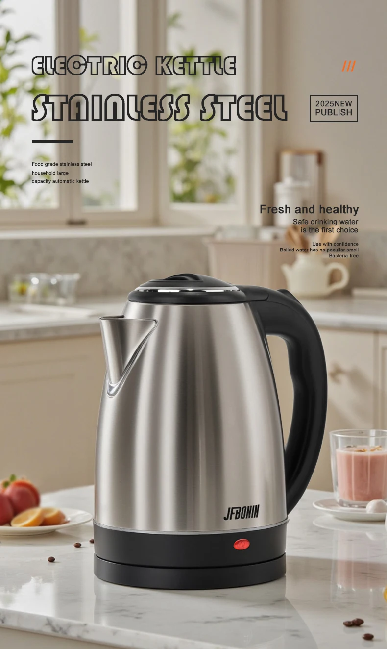 JFBONIN Stainless Steel Electric Kettle 1.8L 220V Silver Black Base Separation Desion Rust-resistant Durable for Home Travel JFBONIN Stainless Steel Electric Kettle 1.8L 220V Silver Black Base Separation Desion Rust-resistant Durable for Home Travel