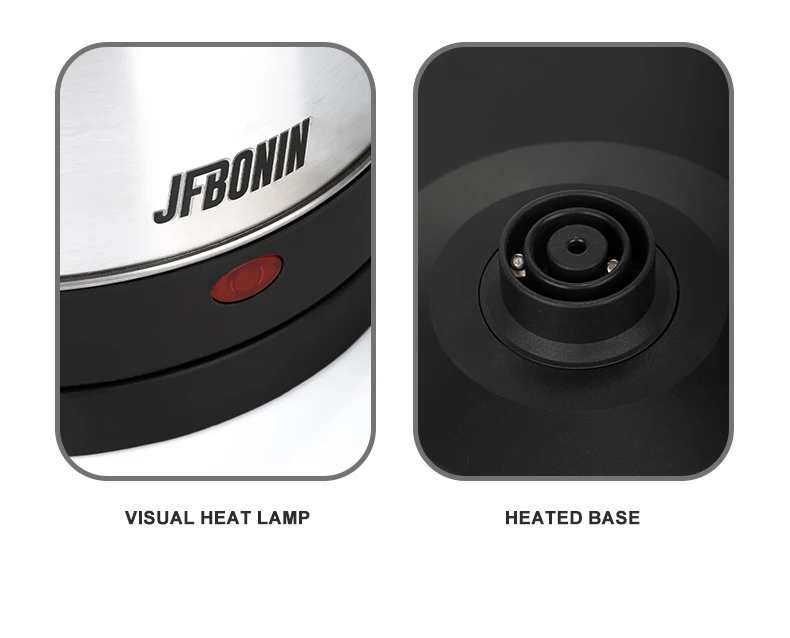 JFBONIN Stainless Steel Electric Kettle 1.8L 220V Silver Black Base Separation Desion Rust-resistant Durable for Home Travel JFBONIN Stainless Steel Electric Kettle 1.8L 220V Silver Black Base Separation Desion Rust-resistant Durable for Home Travel