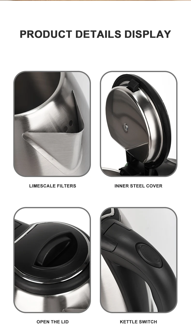 JFBONIN Stainless Steel Electric Kettle 1.8L 220V Silver Black Base Separation Desion Rust-resistant Durable for Home Travel JFBONIN Stainless Steel Electric Kettle 1.8L 220V Silver Black Base Separation Desion Rust-resistant Durable for Home Travel