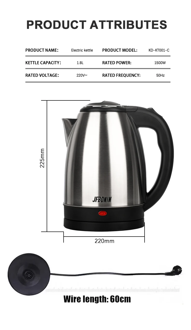 JFBONIN Stainless Steel Electric Kettle 1.8L 220V Silver Black Base Separation Desion Rust-resistant Durable for Home Travel JFBONIN Stainless Steel Electric Kettle 1.8L 220V Silver Black Base Separation Desion Rust-resistant Durable for Home Travel