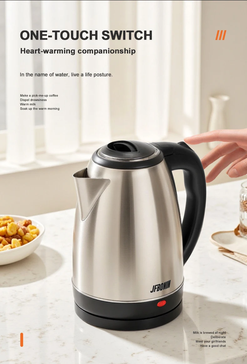 JFBONIN Stainless Steel Electric Kettle 1.8L 220V Silver Black Base Separation Desion Rust-resistant Durable for Home Travel JFBONIN Stainless Steel Electric Kettle 1.8L 220V Silver Black Base Separation Desion Rust-resistant Durable for Home Travel