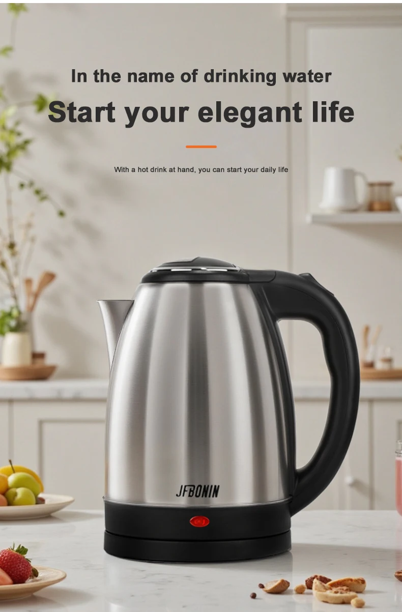 JFBONIN Stainless Steel Electric Kettle 1.8L 220V Silver Black Base Separation Desion Rust-resistant Durable for Home Travel JFBONIN Stainless Steel Electric Kettle 1.8L 220V Silver Black Base Separation Desion Rust-resistant Durable for Home Travel