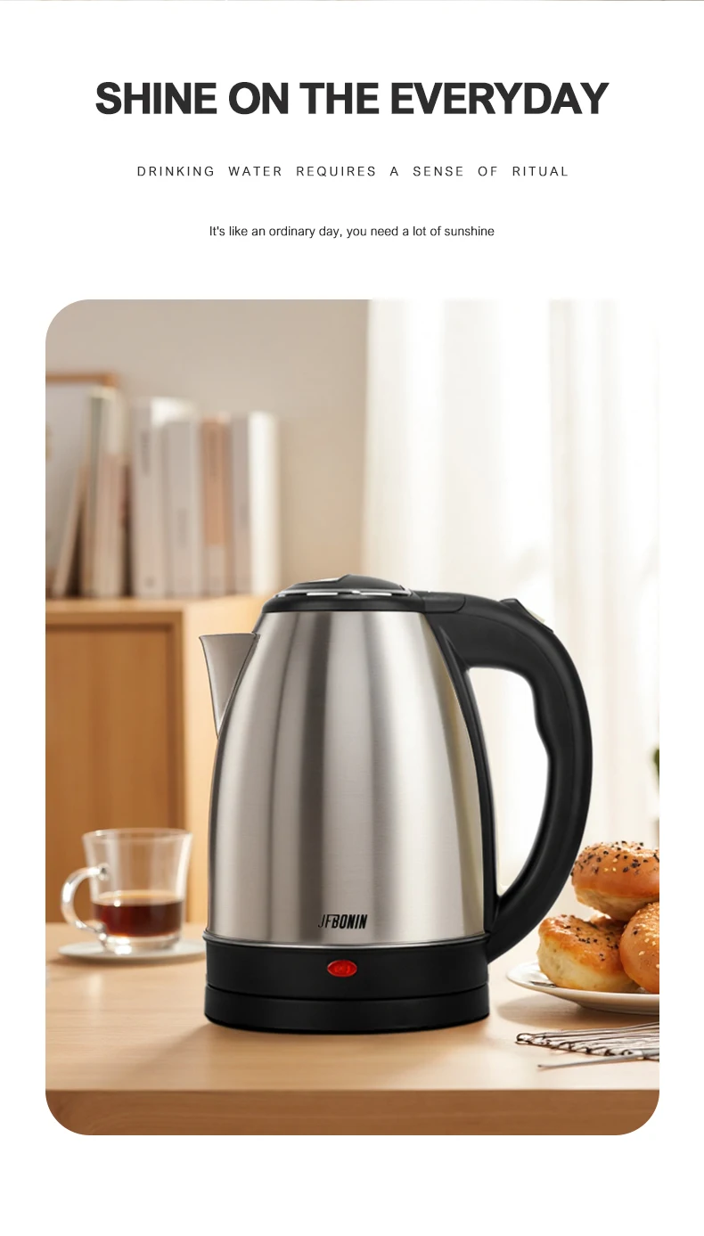 JFBONIN Stainless Steel Electric Kettle 1.8L 220V Silver Black Base Separation Desion Rust-resistant Durable for Home Travel JFBONIN Stainless Steel Electric Kettle 1.8L 220V Silver Black Base Separation Desion Rust-resistant Durable for Home Travel