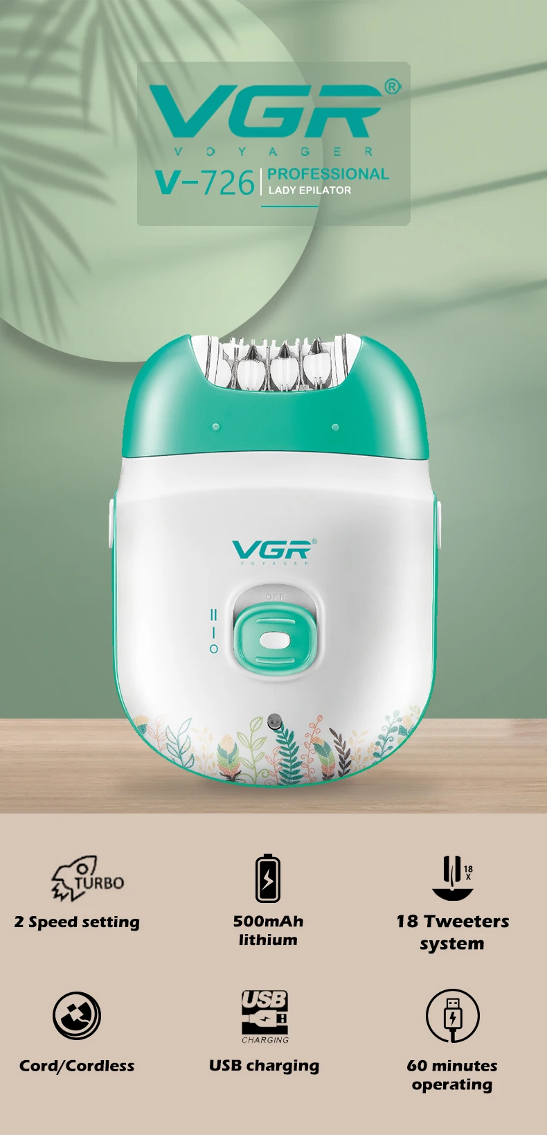 VGR 726 New Epilator Women Shaver Mini Plucker USB Rechargeable Electric Pedicure for Face Legs Bikini