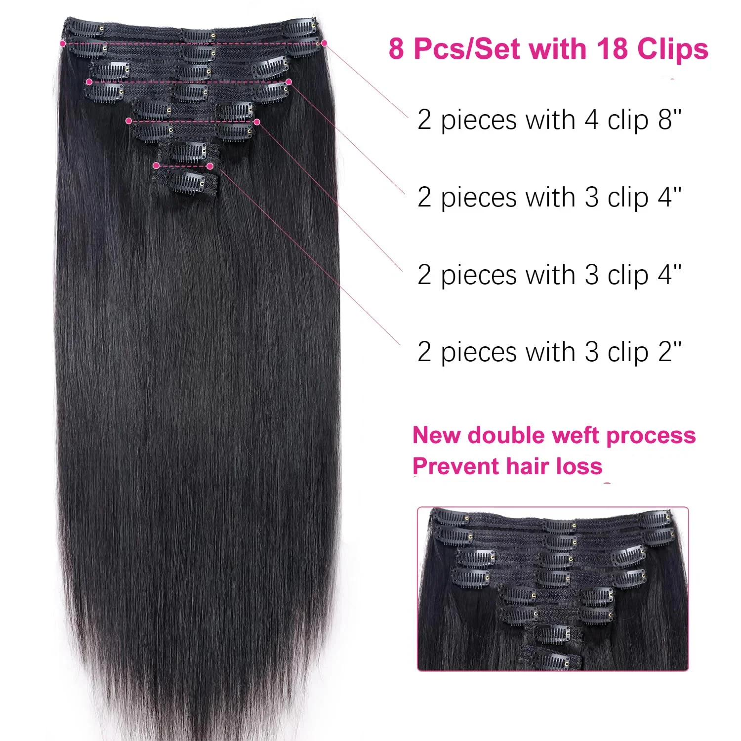 Clip Ins Straight Seamless Brazilian Human Hair Extensions Natural Color Invisible Clip In Hair Extension 16-26 Inches For Women