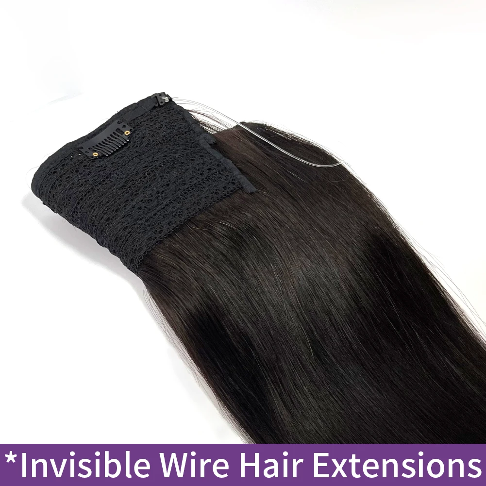 Wire Hair Extensions Straight Real Human Hair Natural Black Wire Human Hair Extensions 16-26 Inches Fish Line Clip In Extension