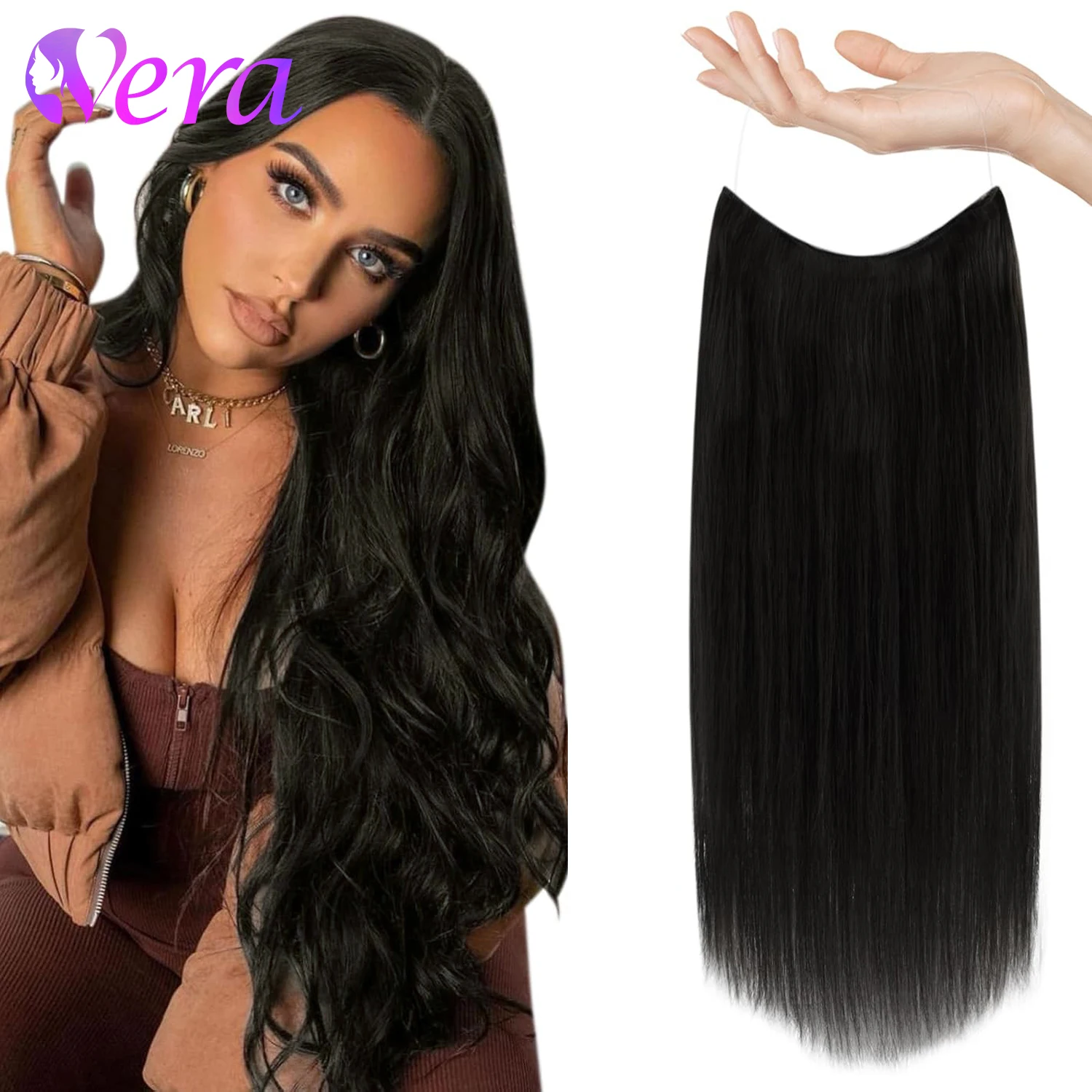 Wire Hair Extensions Straight Real Human Hair Natural Black Wire Human Hair Extensions 16-26 Inches Fish Line Clip In Extension