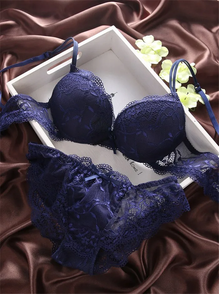 European Style Sexy Bra Set Women Cotton Underwear Sexy Lace Panties Female Push Up Brassiere Fashion Solid Color Lingerie Set