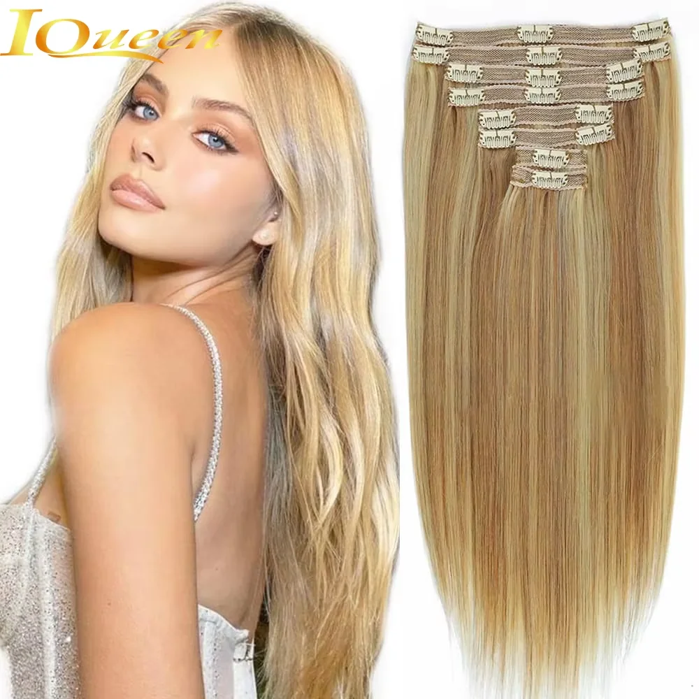 8Pcs Clip In Hair Extensions 100% Human Hair P8/613 Color Brown Highlight Blonde For Women Daily Use Real Hair Natural Black 4#