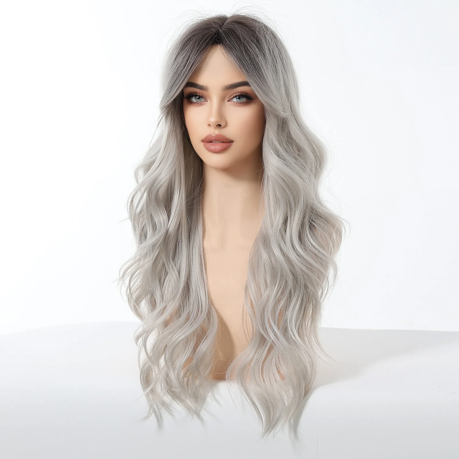 Allbell Magique Ombre Grey Synthetic Wigs With Side Bangs For Women Party Cosplay Natural Wavy Fake Hair Heat Resistant Fiber
