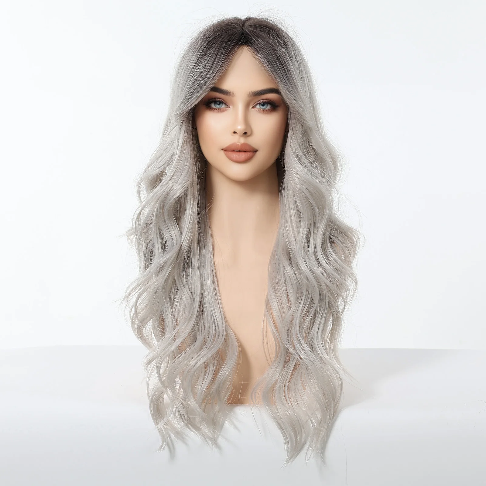 Allbell Magique Ombre Grey Synthetic Wigs With Side Bangs For Women Party Cosplay Natural Wavy Fake Hair Heat Resistant Fiber