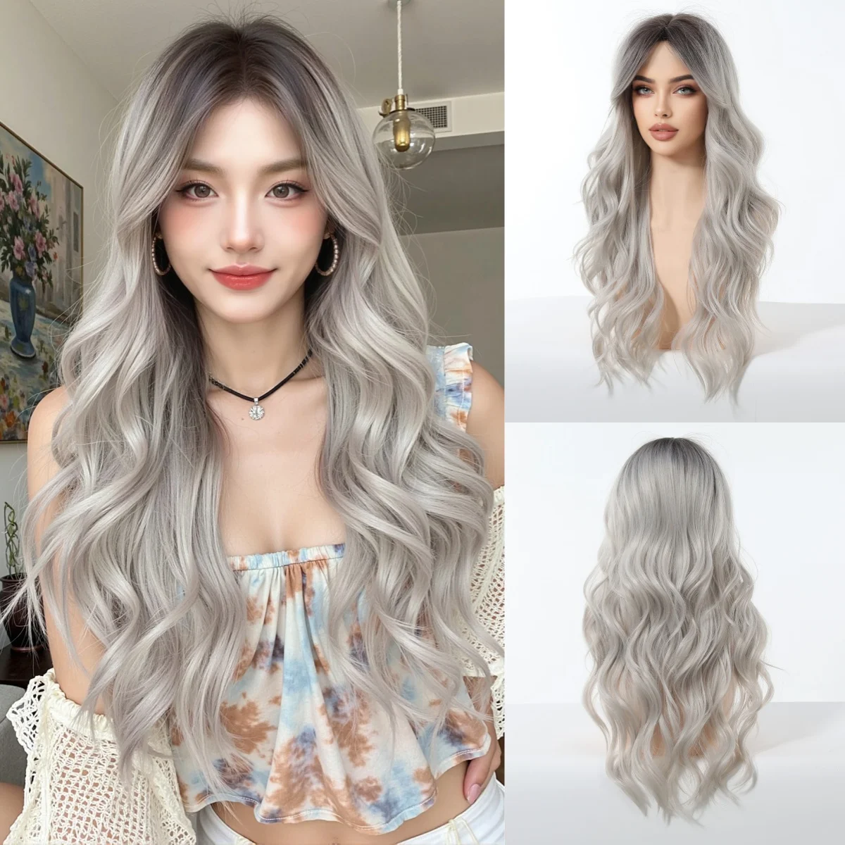 Allbell Magique Ombre Grey Synthetic Wigs With Side Bangs For Women Party Cosplay Natural Wavy Fake Hair Heat Resistant Fiber Allbell Magique Ombre Grey Synthetic Wigs With Side Bangs For Women Party Cosplay Natural Wavy Fake Hair Heat Resistant Fiber